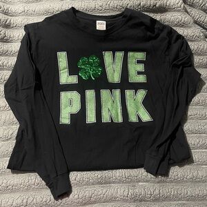 PINK Victoria's Secret Black Long Sleeve Shirt with Green Shamrock Sequin Design
